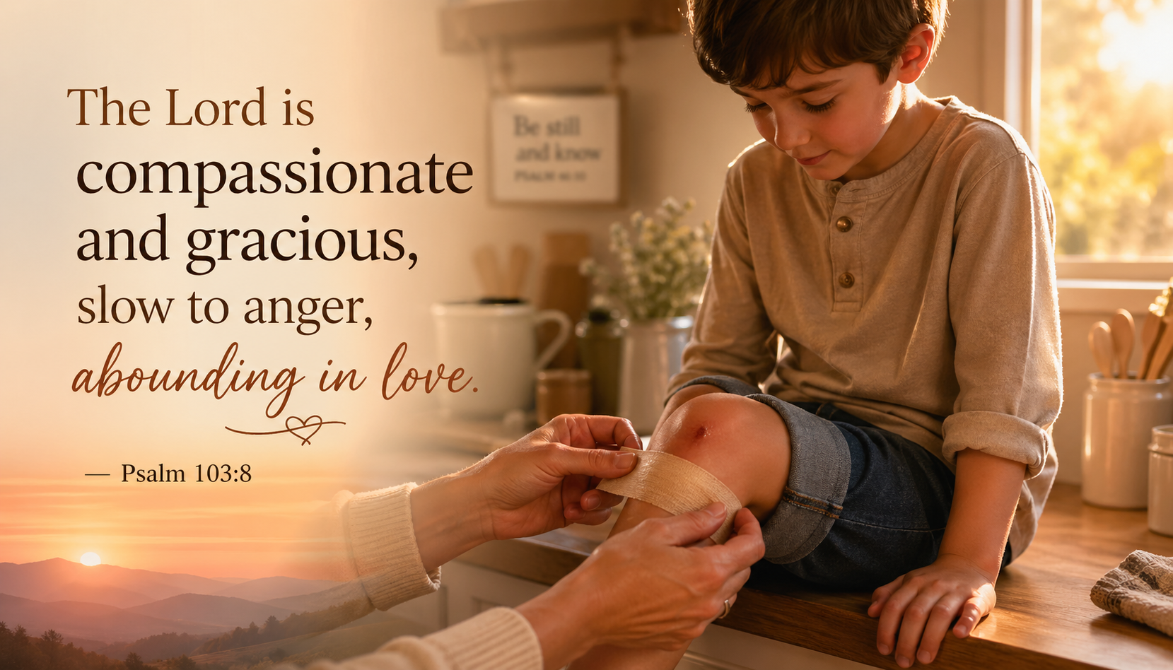 Psalm 103:8 Bible verse image showing compassionate hands bandaging a child's knee with warm golden light